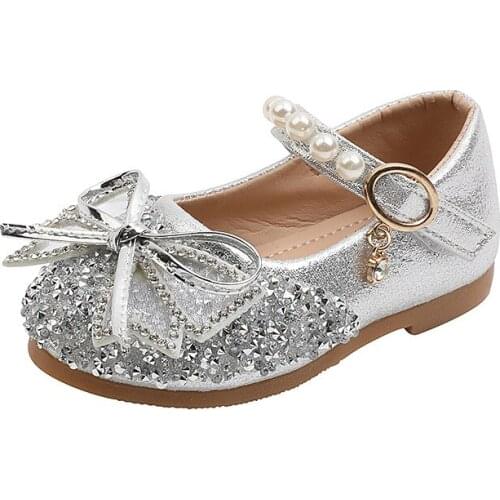 2021 Girls' Leather Shoes New Style Baby Girl Rhinestone Bow Pearl Princess Flats Fashion Dance Shoes Soft Sole Sweet for Party