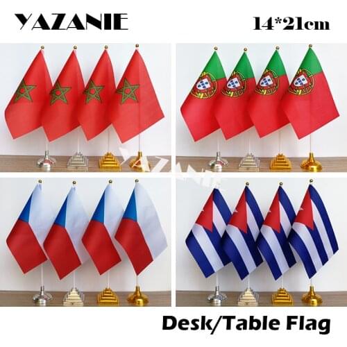 YAZANIE 14*21cm 4PCS Morocco Office Table Flag Portugal Desk Flag Czech Republic Cuba Sign Flag with Plastic flagpole and Base