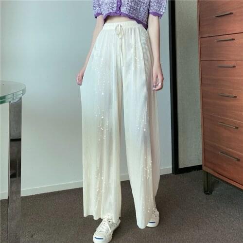 New High Waist Chiffon Pants Women Pleated Wide Leg Bling Blue Loose Trousers Autumn Summer Fashion Boyfriend Pants Street Mujer