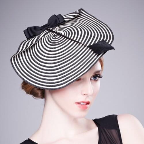 Elegant Women Formal Hat Fascinator For Weddings Evening hat With White Black Striped Bow Bridal Hats Female Headwear B-1942