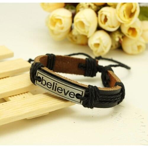 European And American Believe Woven Vintage Leather Bracelet Alphabet Alloy Color Leather Bracelet For Women Men