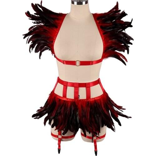 Sexy Punk Feather Harness Lingerie 2 Piece Set Body Suspenders Cupless Bra Chest Strap Gothic Women Dance Skirt Club Costumes