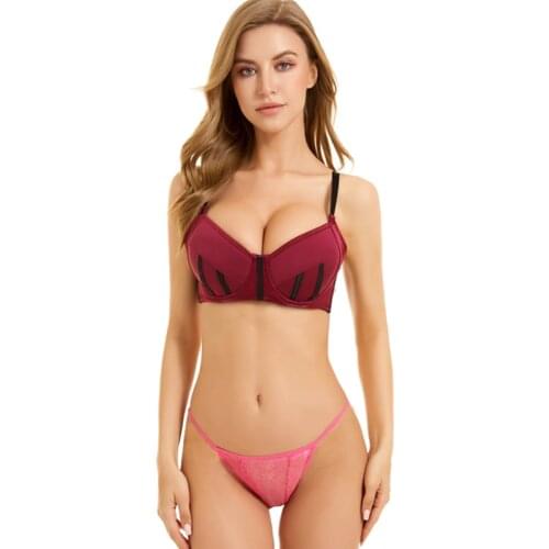 MiaoErSiDai Full Coverage Bra And Thong Set Sexy Bra Set Plus Size Underwear Women High Quality Low Waist T Pants 32-42 D-G