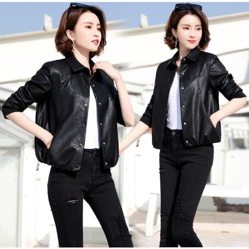 2XL Large Size Leather Jacket Women Fashion Elastic Waist Single Breasted Loose Outerwear Spring New Short PU Leather Jackets
