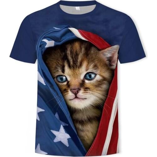 Summer fashion new T-shirts, men and children, love cats, 3D printing, casual, breathable, short-sleeved tops