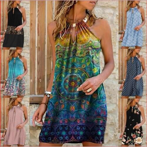 Summer Harajuku Halter Sleeveless Print Dresses 2021 Women Casual Leopard Sexy Hollow Out Plus Size Beach A-Line Midi Dress Robe