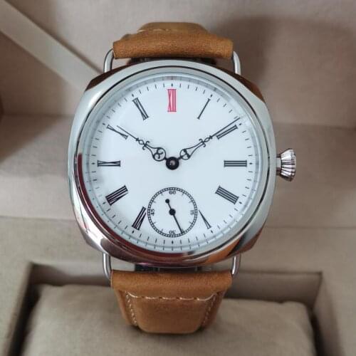 45mm 316L Stainless steel Mechanical Hand Wind Mens watch Enameled white dial with Roman number