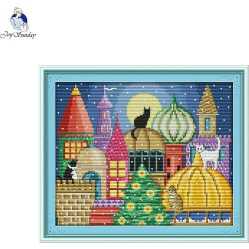 Joy Sunday The Cat City Patterns Print On Canvas DMC 14CT 11CT Cross Stitch kits, Embroidery Needlework Set, Handmade Home Decor