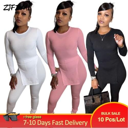 Bulk Items Wholesale Lots Women Two Piece Pant Suit Fall Festival Clothing Side Split Full Sleeve Top Slim Legging Co Ord Set