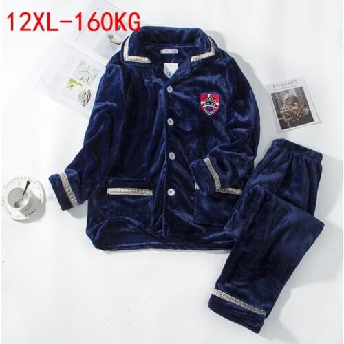 Plus Size 6XL12XL Grey Nightwear Long Sleeve Winter Thicken Warm Flannel Pajamas Sets Soft Sleepwear Long Pant Male Blue Gray