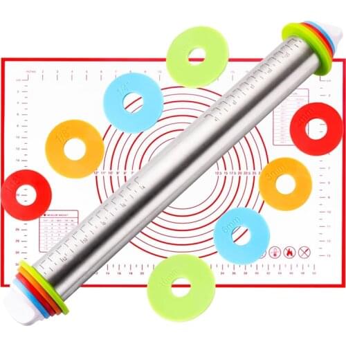 Adjustable Stainless Steel Rolling Pins Removable Thickness Rings Baking Dough Roller Pizza Pastry Pie Pasta Cookie Tools