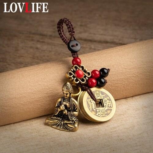 Retro Brass Buddha Figurines Car Keychain Pendant Handmade Lanyard Keyring Hanging Chinese Five Emperors Coins Feng Shui Jewelry