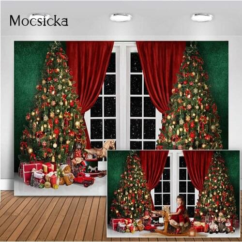 Toy Trojan Christmas Backdrop for Photography Pine Tree Windows Kids Children Portrait Background for Photo Studio Gifts Decor