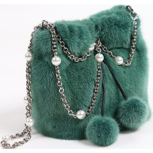 Women real mink fur crossbody bag ladies fashion shoulder bag fluffy bucket bag
