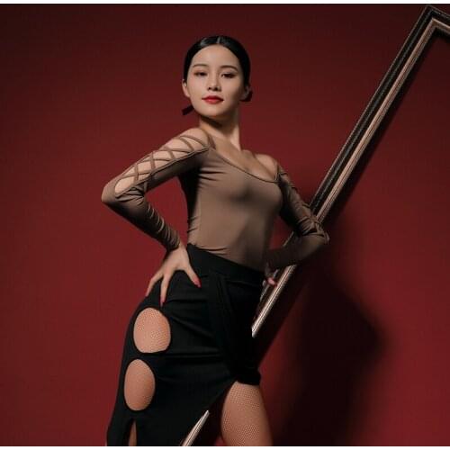Latin Practice Long Sleeve Dance Top Hollow Out Sexy Ballroom Costume Autumn Winter Dance Clothing Professional Latin Top L1141