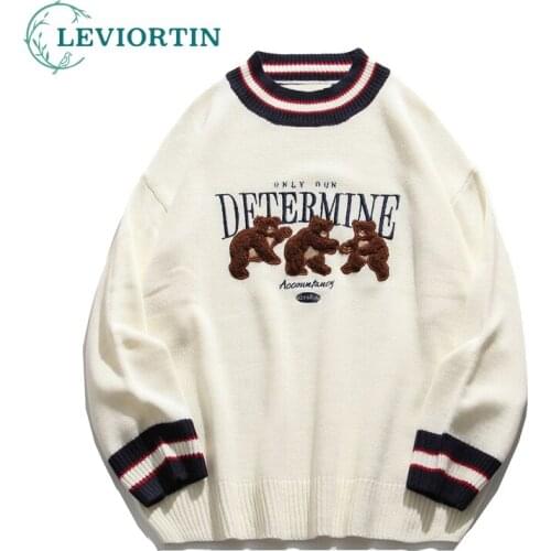 Harajuku Sweater Men Women Couple Oversized Japanese Anime Cartoon Bear Patchwork Striped Knitted Sweater Cotton Pullover Mens