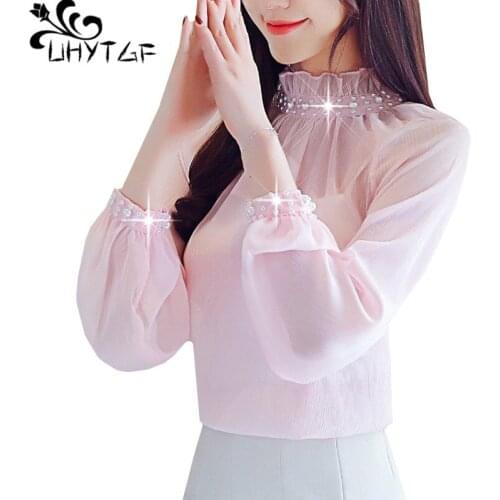 UHYTGF Fashion woman blouses beading chiffon Long Sleeve Spring Tops shirt Women Stitching lace elegant ladies short shirts 1497