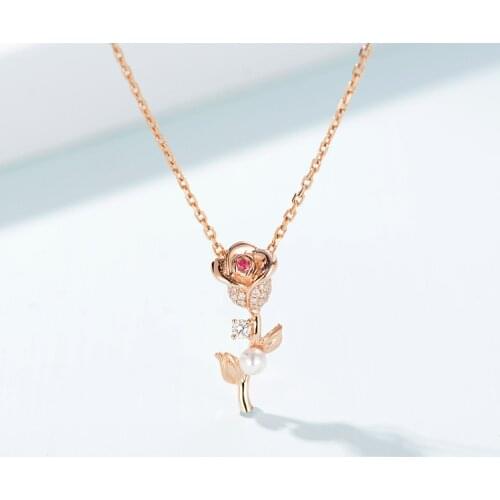 Creative Unique Rose Gold Pendant Rose Flower Pearl Pendant Necklace Ladies Exquisite 925 Silver Jewelry Sweater Chain