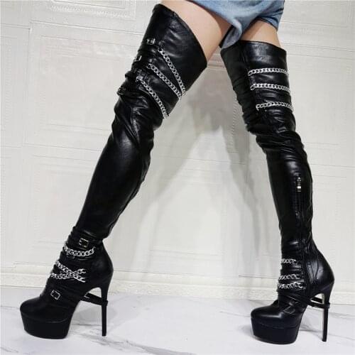 Unisex Men Women Sexy Thigh High Crotch Platform Boots Over The Knee Round Toe Chains Shoes Woman Black Cosplay Botas Big Size