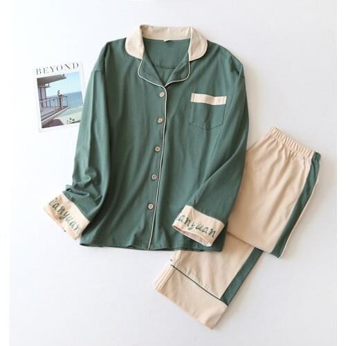 Spring Simple Style Lovers Full Cotton Knit Color Patchwork Pajamas Set Couples Thin Cotton Cardigan Lapel Homewear Casual Wear