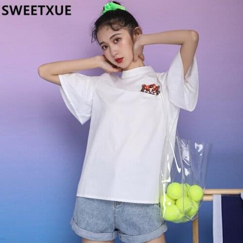 SWEETXUE Womens 2021 New Summer Shirt White Top Retro Buttoned Young Trumpet Sleeve T-shirt Female