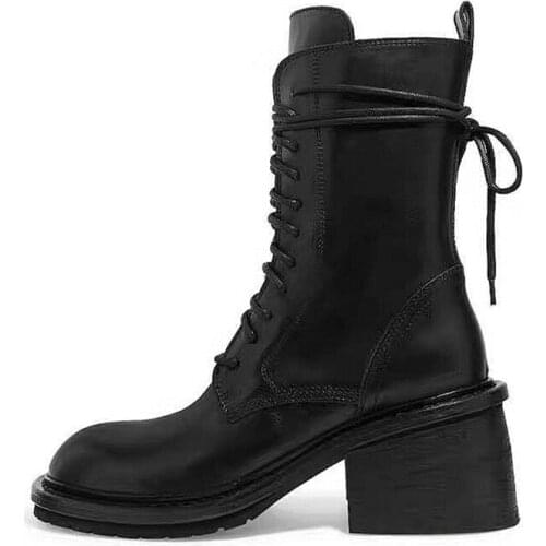 2021 New Black Genuine Leather Women Platform Ankle Boots Lace-up Chunky Heel Ladies Short Booties Cowboy Boots