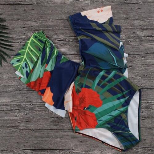 2018 Women Swimsuit One Piece Green Leaf Ruffle Swimwear Plunge Deep V Summer Swimming Suit Push Up Paded Beach wear Bodysuit