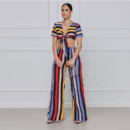 Vintage Striped Print Two Piece Set Women Hipster High Street Bow Tied Short Sleeve Crop Top Wide Leg Pants Bohemian Clothing