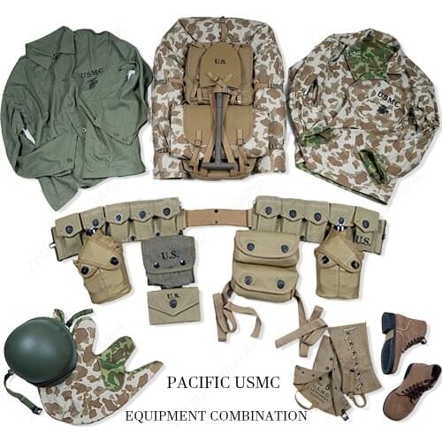 WW2 US ARMY EQUIPMENT CONBINATION HBT USMC UNIFORM AND USMC BACKPACK M1 HELMET WITH SPADE TWO TENT AND ONE RAIN CAPE
