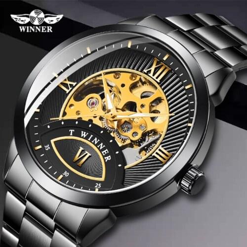 Winner Mens Automatic Watch Mechanical Luminous Hand Skeleton Business Black Stainless Steel Band Watches Relogio Masculino