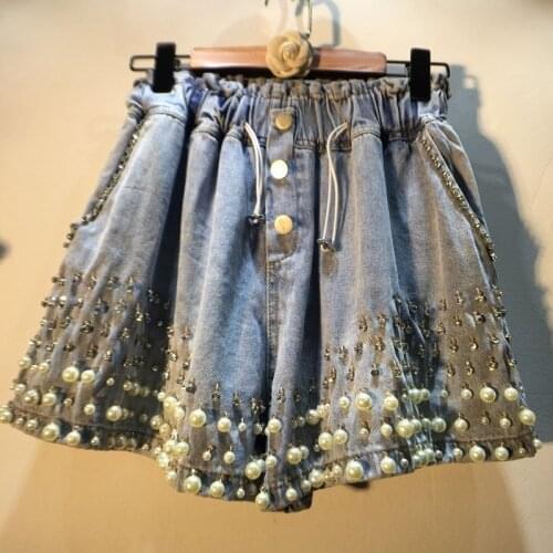 Rhinestone A- Line Denim Shorts Womens Fashionable 2021 Summer Short Jeans New High Waist Slimming Loose Wide Leg Pants