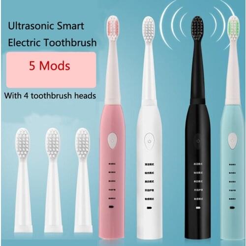 Electric Sonic Toothbrush Rechargeable Adult Ultrasonic Waterproof 4 Heads Replacement Teeth Whitening Household Camping