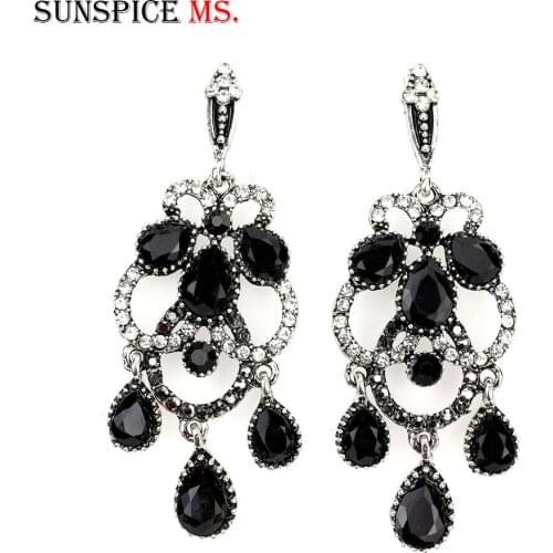 SUNSPICEMS Antique Gold Silver Color Rhinestone Drop Earrings For Women India Ethnic Wedding Jewelry Full Crystal Party Gift
