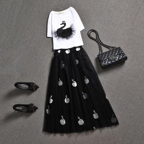 Summer Women two piece set Skirts suits swan cotton tshirt women tops + Embroidered gauze Skirts set