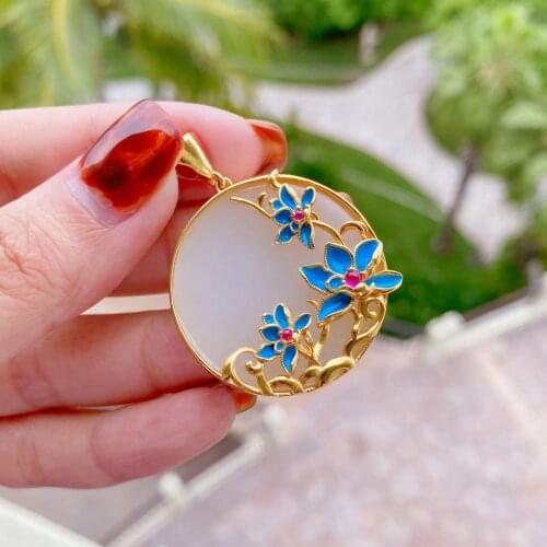 Magnolia Natural Hetian Jade round Lucky Pendant Jade Pendant Necklace Female Sterling Silver Sweater Chain Female High-End Eleg