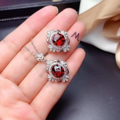 Real Natural Garnet Jewelry set Natural Real Garnet 925 sterling silver 1pc pendant,1pc ring