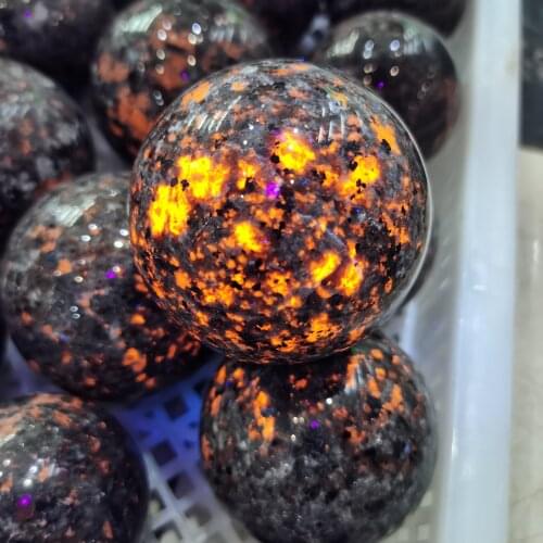Natural Magic Flames Stone Syenite Clasts Containing Fluorescent Sodalite Under Ultraviolet Mineral Ball Gemstones Collections