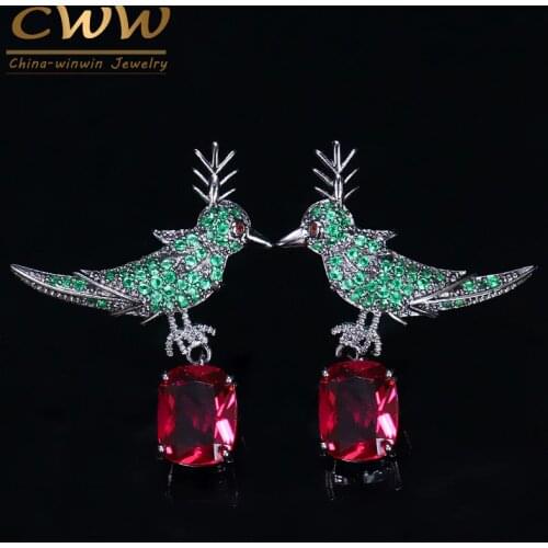 CWWZircons 2020 New Fashion Micro Pave Red Green Drop Cubic Zircon Crystal Lucky Bird Drop Earrings Jewelry for Ladies CZ141