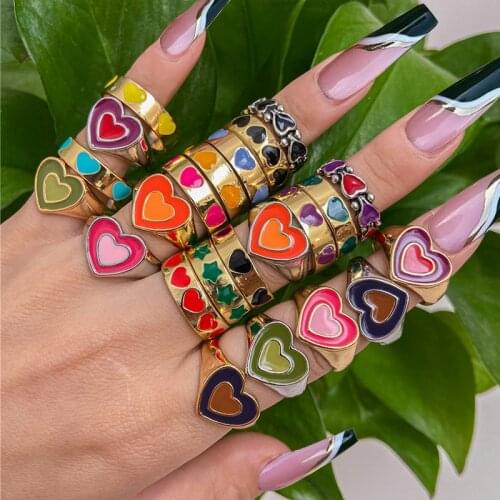 17KM Bohemian Geometric Heart Rings for Women Men Rainbow Color Painting Metal Couple Rings Gifts Wholesale Jewelry