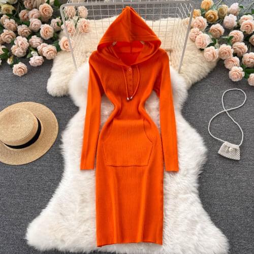 SINGREINY Women Hooded Knitted Dress Long Sleeve Pocket Elastic Slim Sheath Dresses Autumn Winter Bodycon Warm Sweater Dress