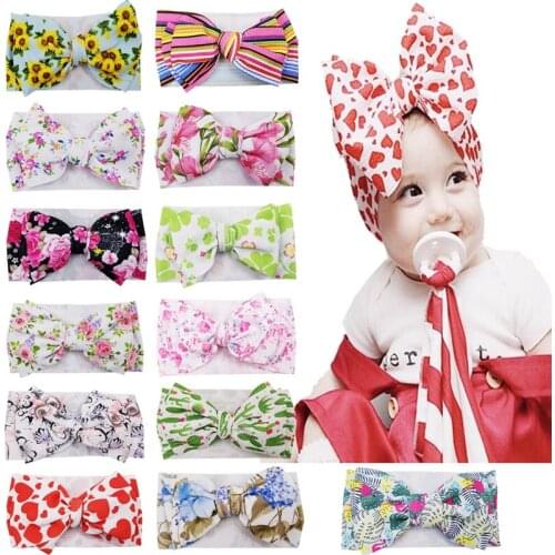 Vintage Flowers Pattern Bowknot Baby Girl Elastic Wide Headband Cute Cartoon Print Bows Hairband Fashion Infant Striped Headwear