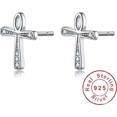 Luxury Genuime 925-Sterling-Sliver weight 1.0g CZ Stone Fashion Cross Love Earrings Pure Piercing Bijoux genuine Stud Earring