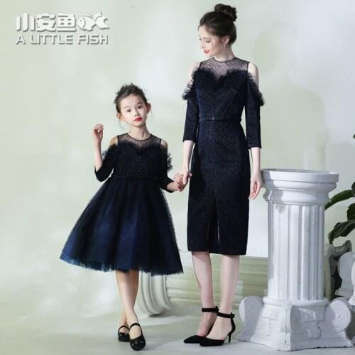 Winter Christmas Mother Daughter Dresses Wedding Lace Clothes for Family Look Long Sleeve New Year Party Mom and Daughter Dress