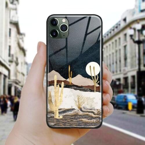 Nordic Abstract Desert night metallic Silicone Glass Phone Case Cover For iPhone SE 6 6s 7 8 Plus X XR XS 11 12 Mini Pro Max