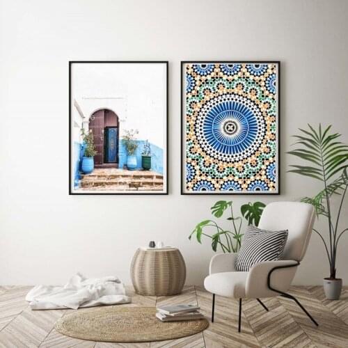 Nordic Poster Morocco Building Wall Art Canvas Painting Religion School Mosque Blue Door Wall Picture For Living Room Home Decor
