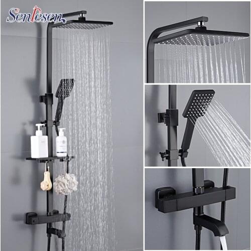 Senlesen Black ThermostaticFaucet Bathroom Shower Tap Brass Wall Mount with ABS Hand Shower Set Single Handle