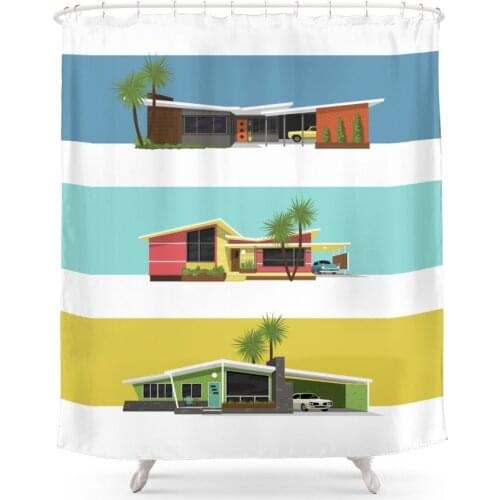 Mid Century Modern Houses 2 Shower Curtain Set Waterproof Bath Curtain For Bathroom With Non-slip Floor Mat
