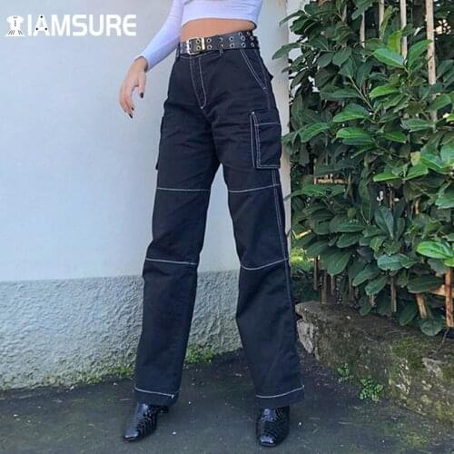 IAMSURE Loose Pockets Cargo Jeans Cool High Waisted Wide Leg Pants Women 2021 Fashion Casual Streetwear Trousers Korean Style