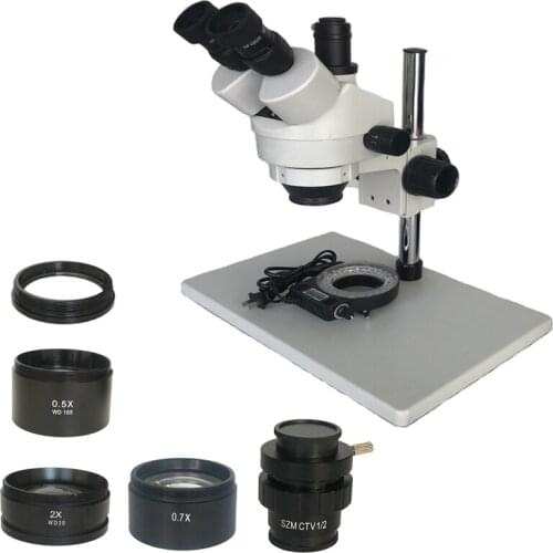 Russia Free shipping 7-45X 3.5X-90X Trinocular Stereo Zoom Big table stand Microscope with 0.5X 2.0X Auxiliary Objective Lens