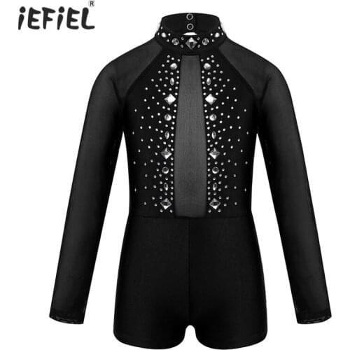 Kids Girls Ballet Dance Costumes Long Sleeves Backless Tulle Ballet Gymnastics Leotard Competition Sparkling Dancewear